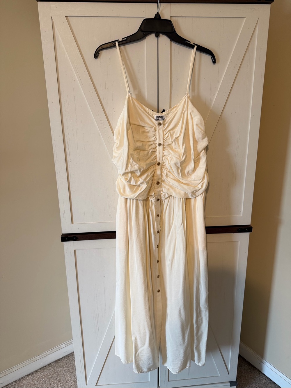 Cream Ruched Button-Front Midi Dress with Spaghetti Straps